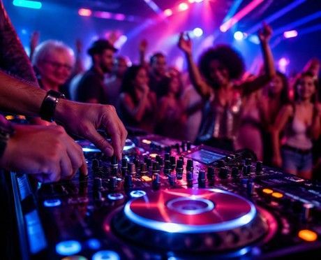 DJ mixing music at a nightclub, with glowing turntables and a dancing crowd under colorful lights