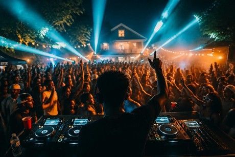 DJ performing for a crowd at an outdoor night concert with blue stage lights and raised hands