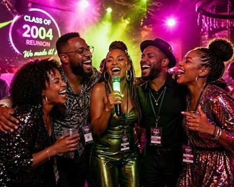 Friends celebrating at a Class of 2004 reunion under colorful stage lights, smiling and holding drinks