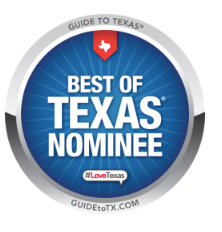 Blue circular “Best of Texas Nominee” badge with Texas map icon and GuideToTX.com branding