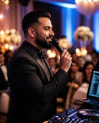 Man speaking into a microphone beside a laptop at a warmly lit event with blurred attendees in the background