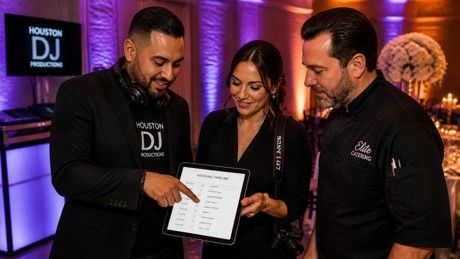 Three people in black attire hold a framed certificate at a Houston DJ event with purple lighting.