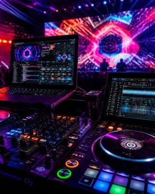 DJ setup with laptops and controller in neon pink and purple club lighting with abstract visuals
