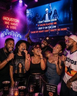 Group of friends smiling in a neon-lit karaoke bar, singing into microphones with glowing lyrics on the wall