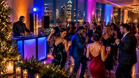 Party guests dancing at a rooftop holiday event beside a lit DJ booth and city skyline at night