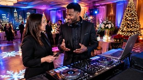 Two people talking beside a DJ controller in a colorful, decorated event hall with lit Christmas trees
