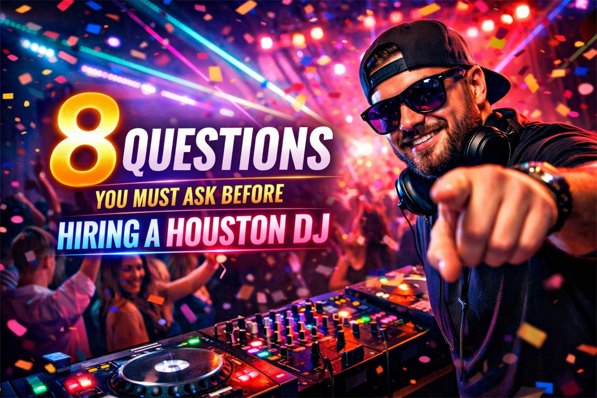 A DJ points toward the viewer in a club with lights and confetti. Bold text reads