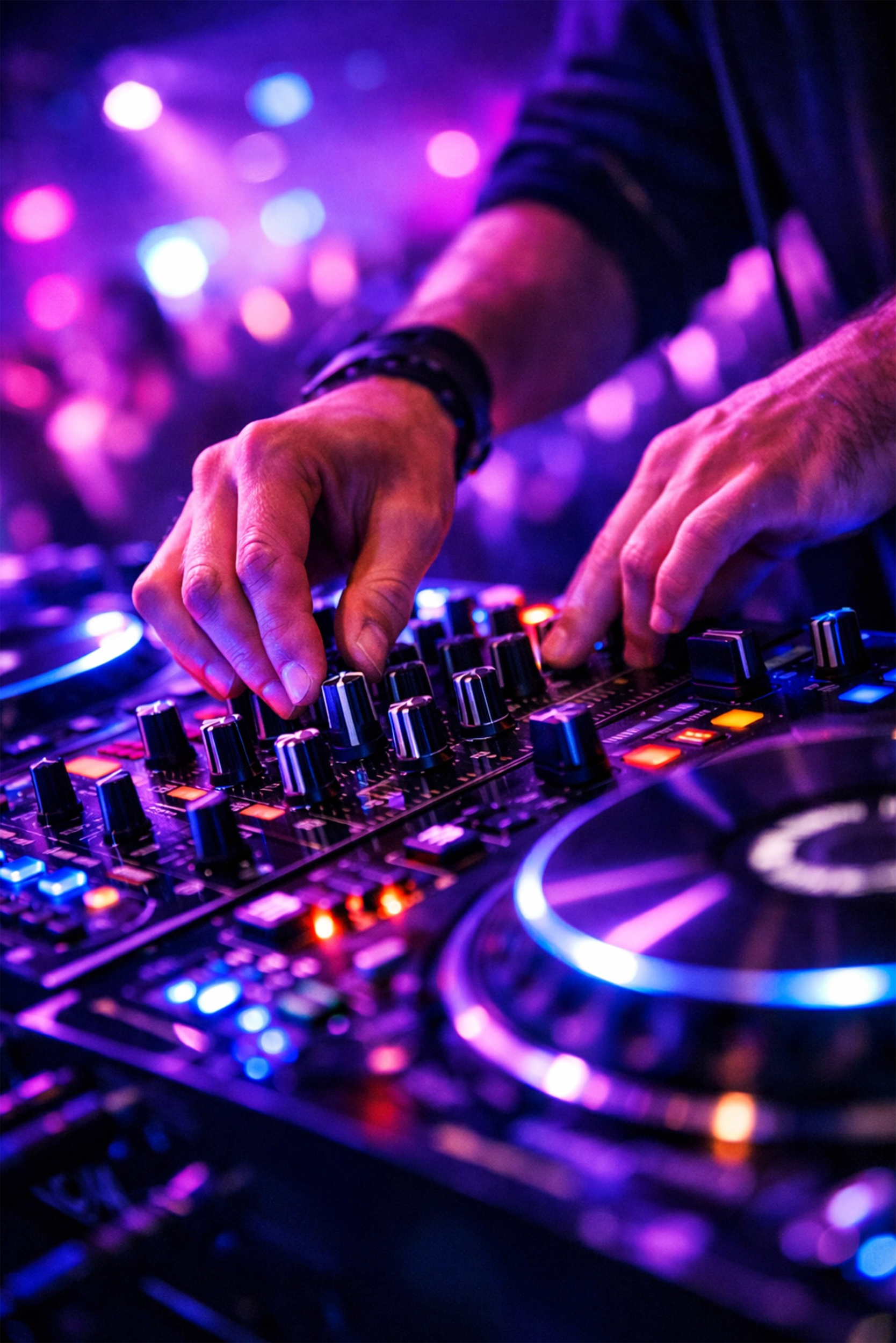 A DJ’s hands adjust knobs on a glowing, professional sound mixing console in a purple-lit nightclub setting.