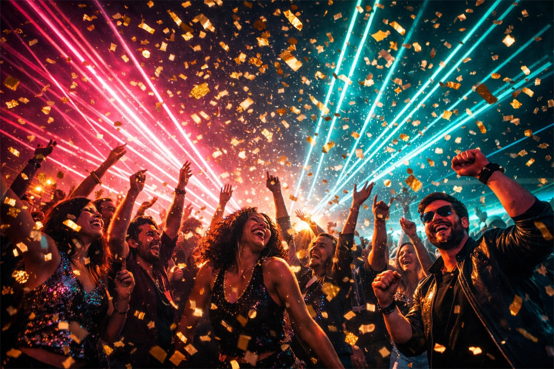 People dance at a club under bright red and blue laser lights with gold confetti falling from above.