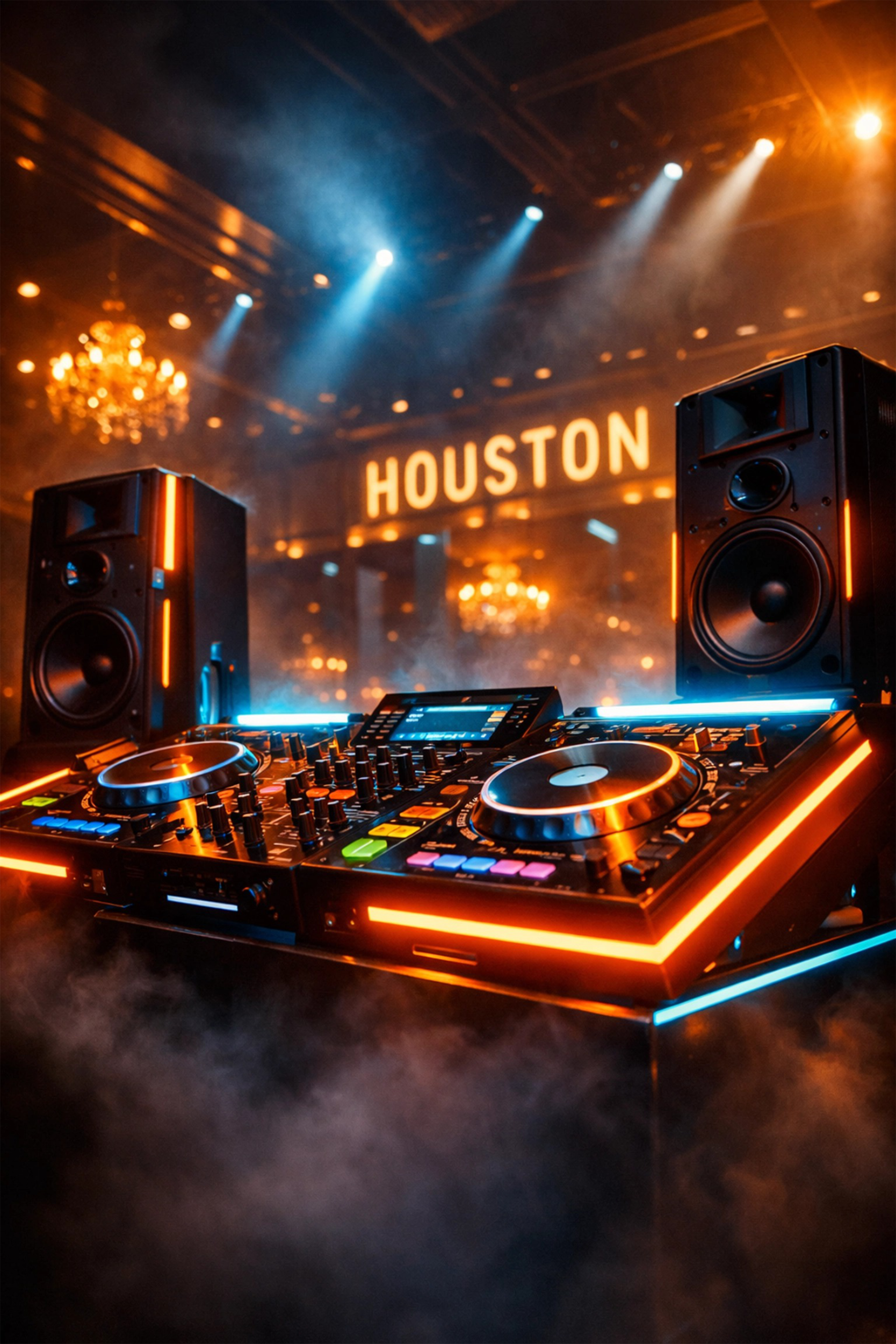 A DJ console with glowing lights sits in a dark, smoky nightclub, with