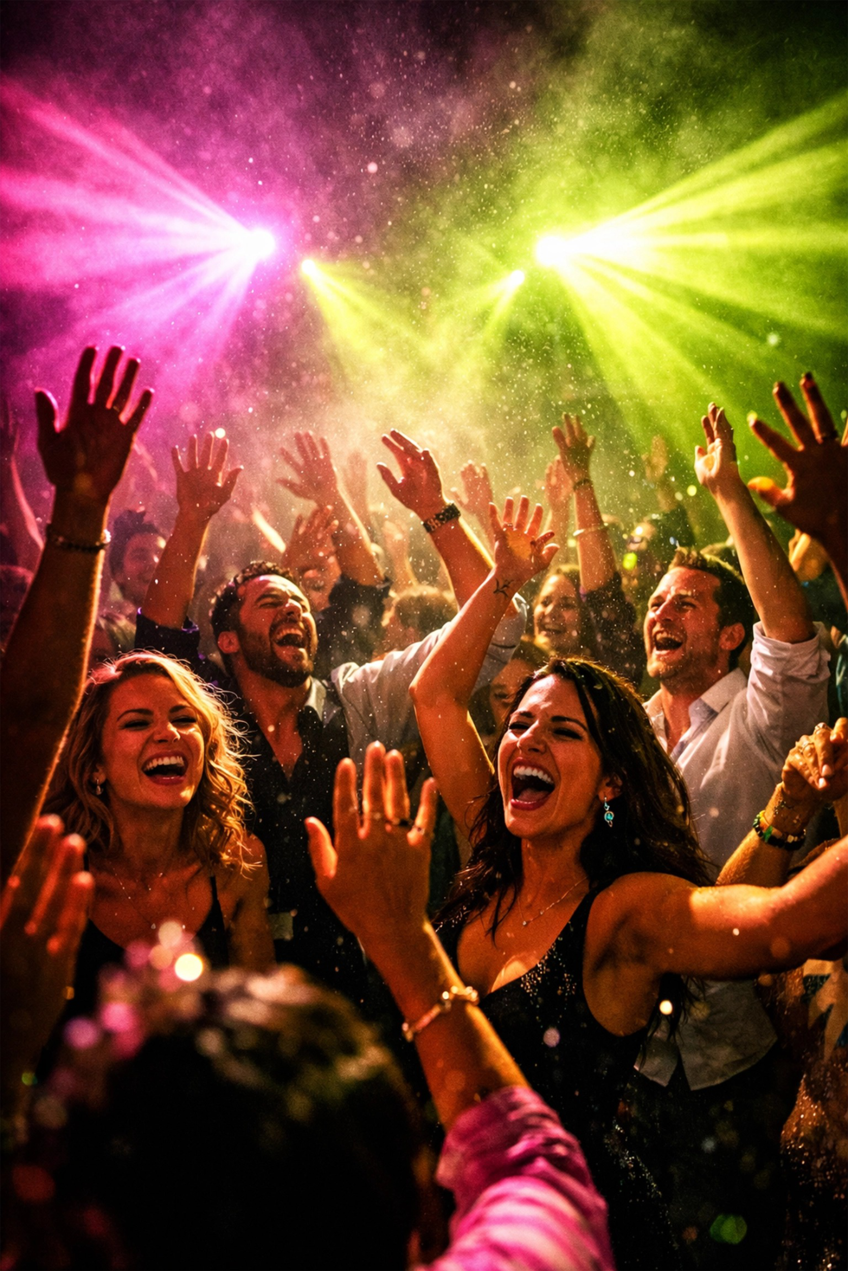 A crowd of people dancing at a party with their hands raised under vibrant pink and yellow stage lights.