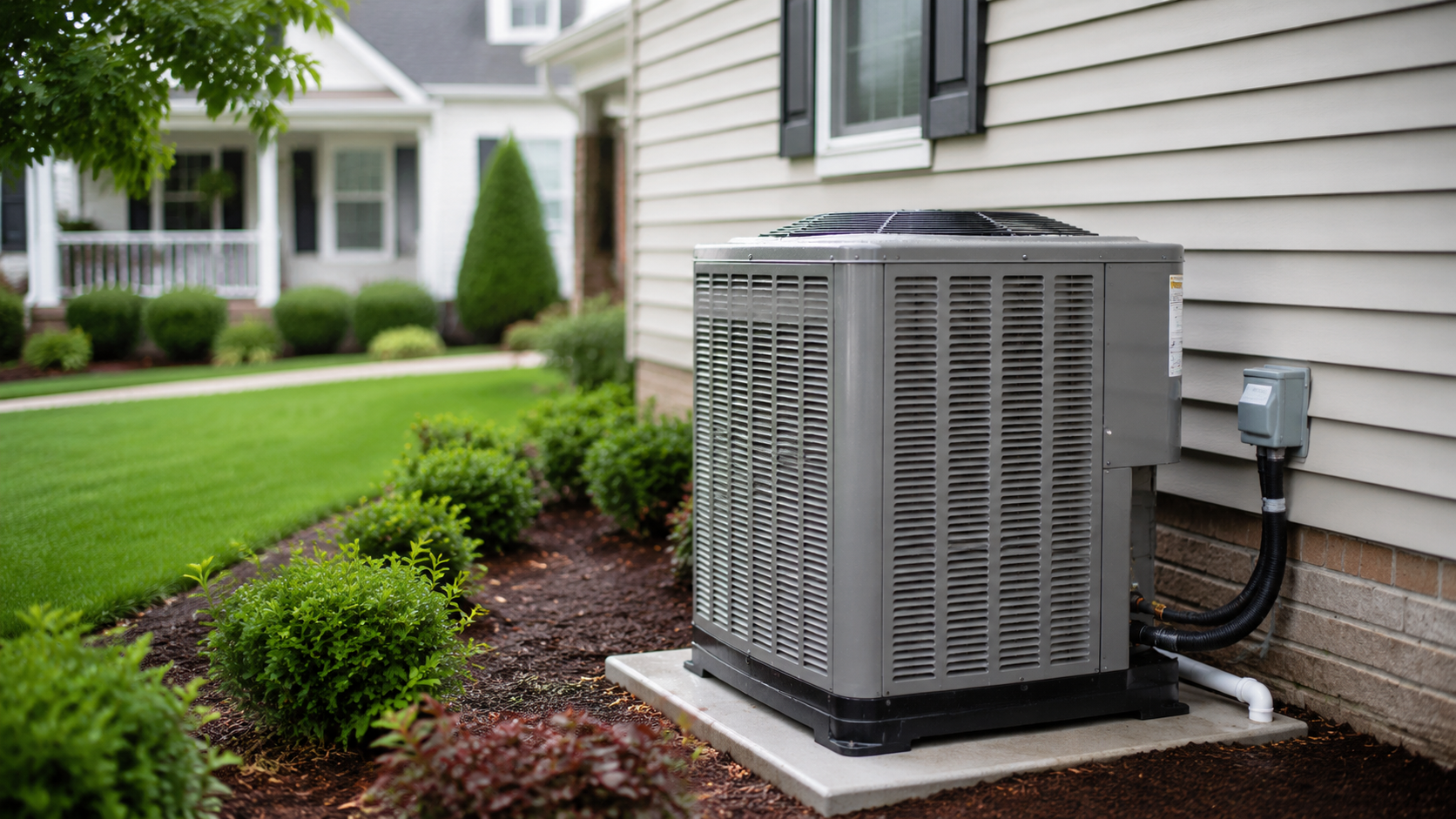 Technician checking air conditioner refrigerant gauges beside an outdoor unit