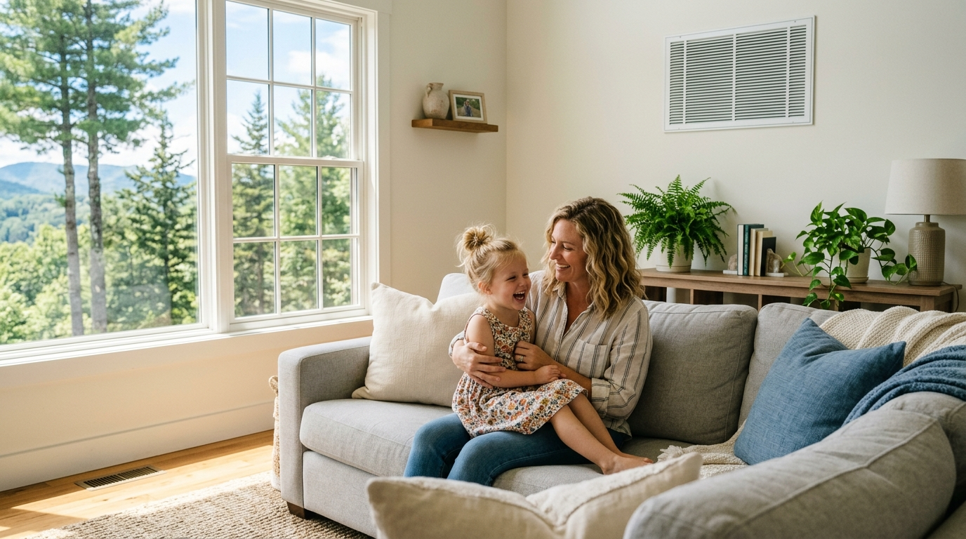 Cozy cabin living room with a woman on a sofa beside a wall thermostat reading 72° and forest view through windows