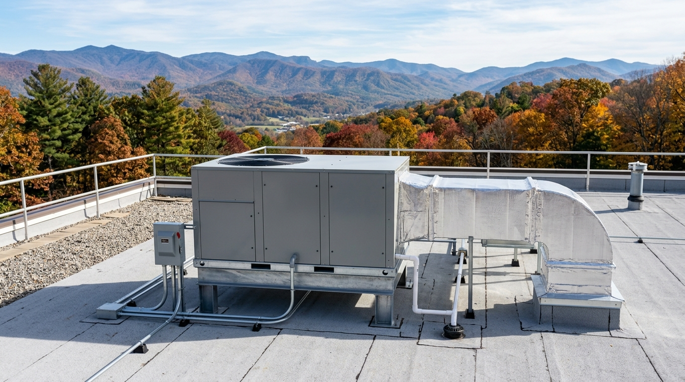 Industrial HVAC unit on a gravel rooftop with mountains in the background