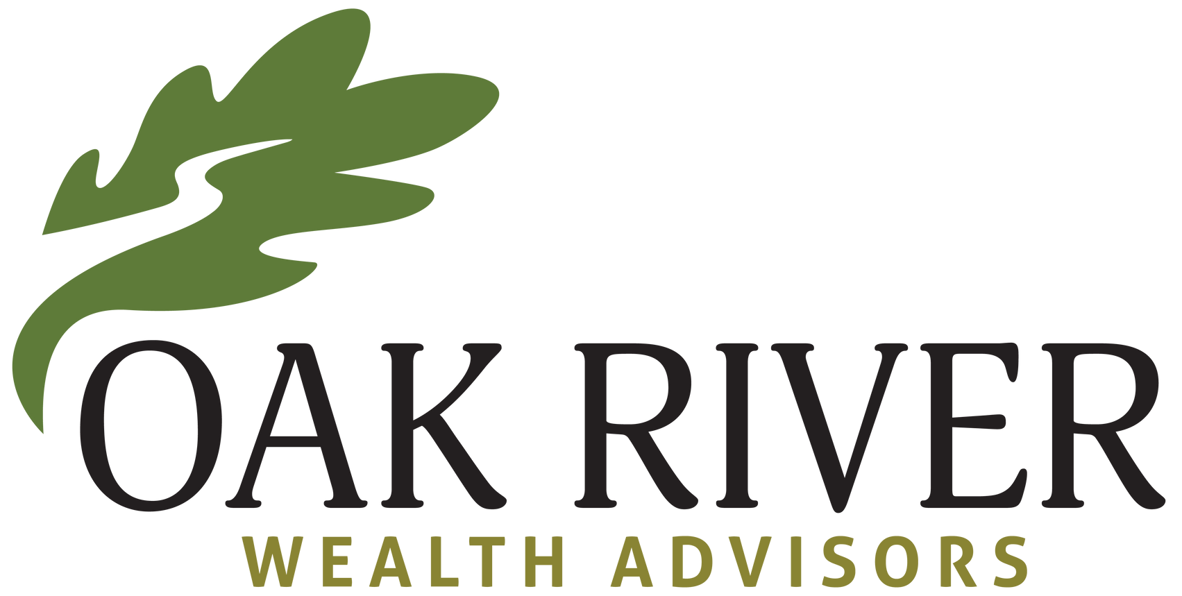 Logo for Oak River Wealth Advisors. Green oak leaf with a river-like line, followed by the name in black and