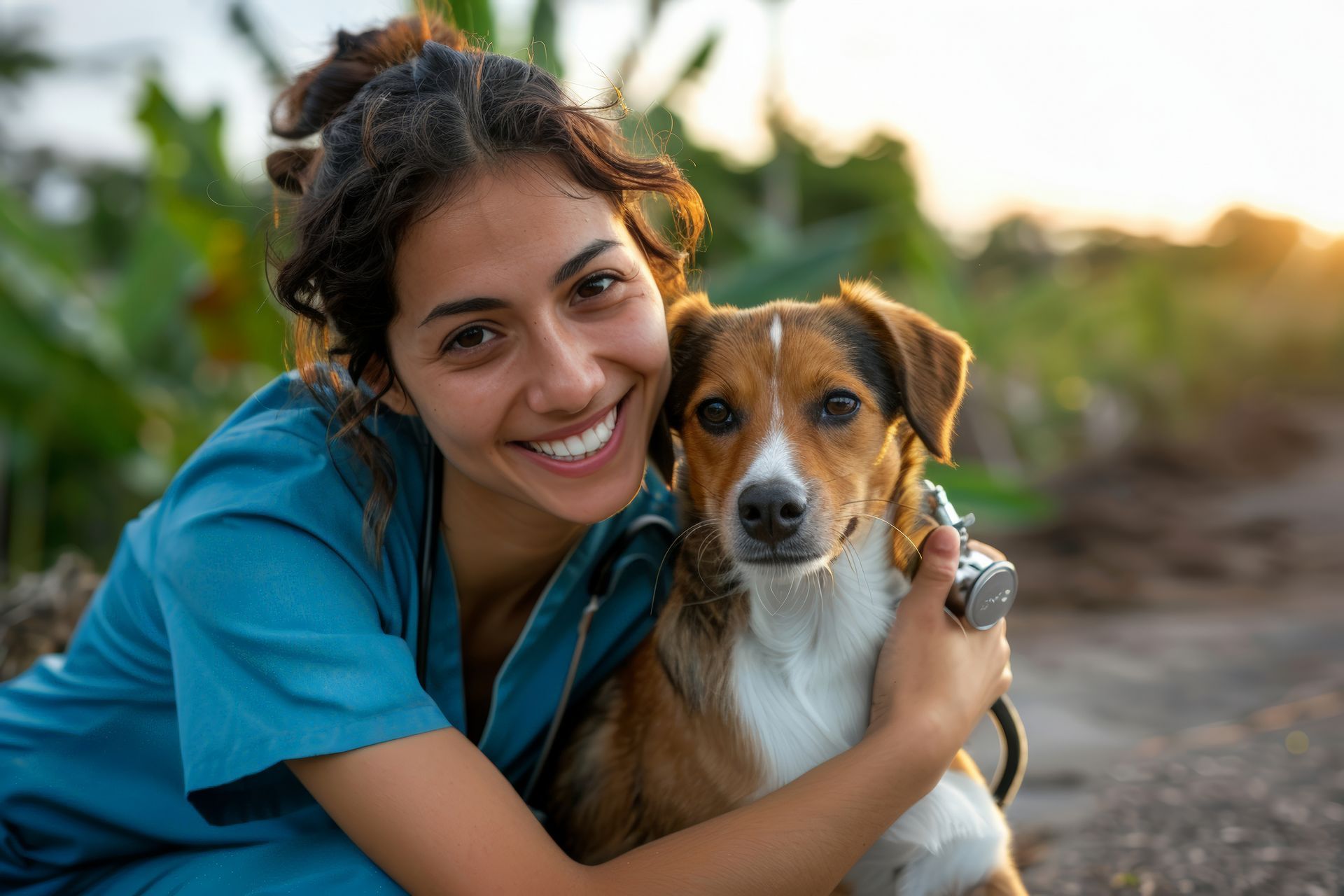 A smiling veterinarian in blue scrubs holding a small brown and white dog outdoors.