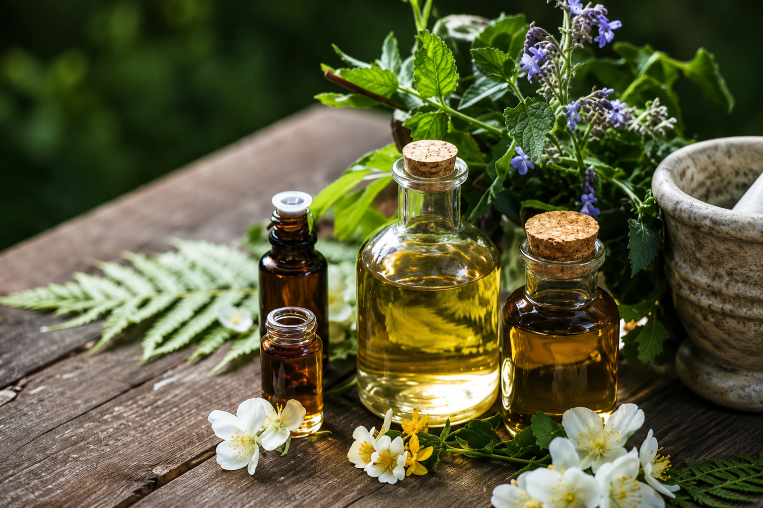 Three amber herbal oil bottles on a rustic table with white flowers and green leaves