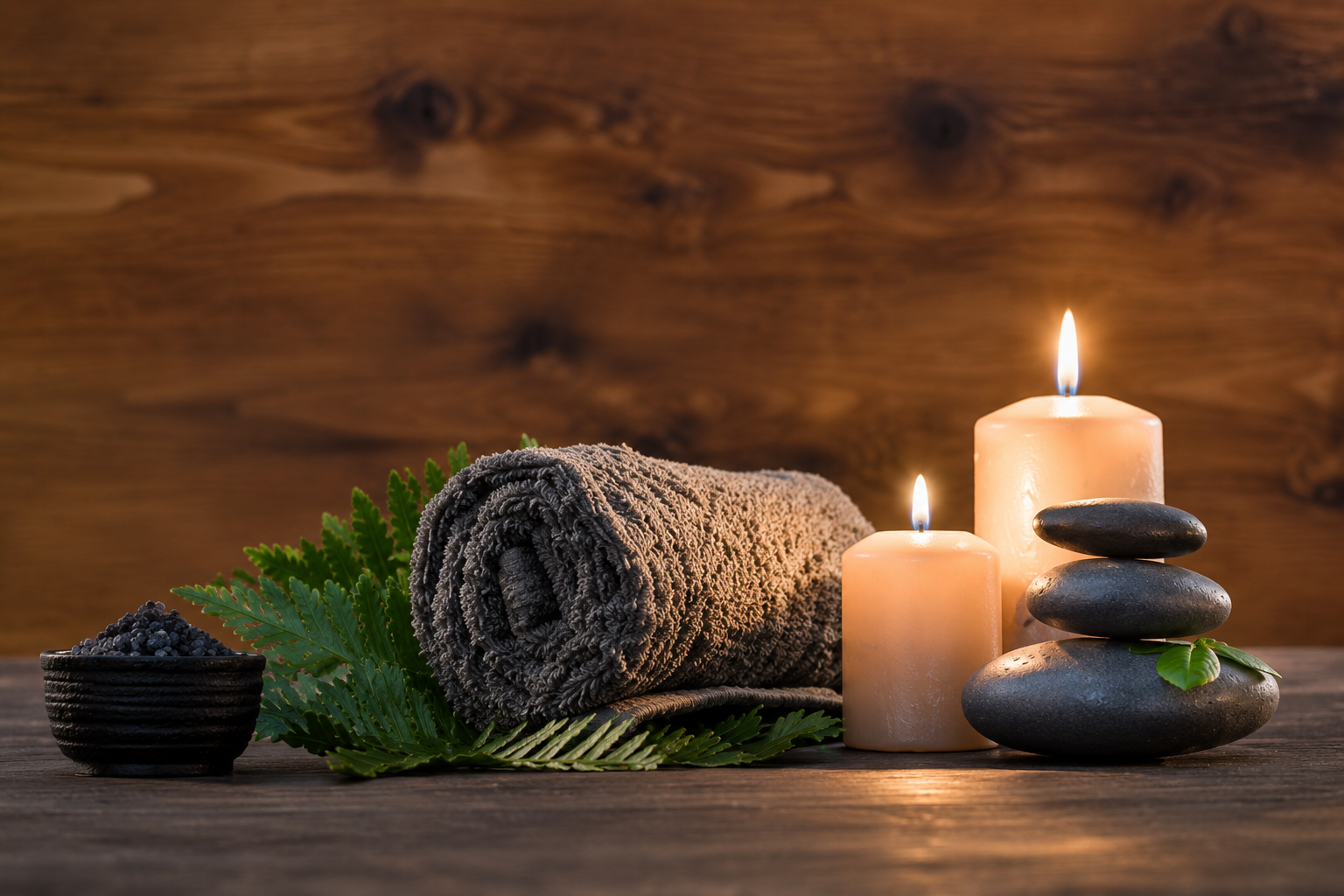 Spa scene with stacked stones, lit candles, a rolled towel, and greenery on a wooden surface