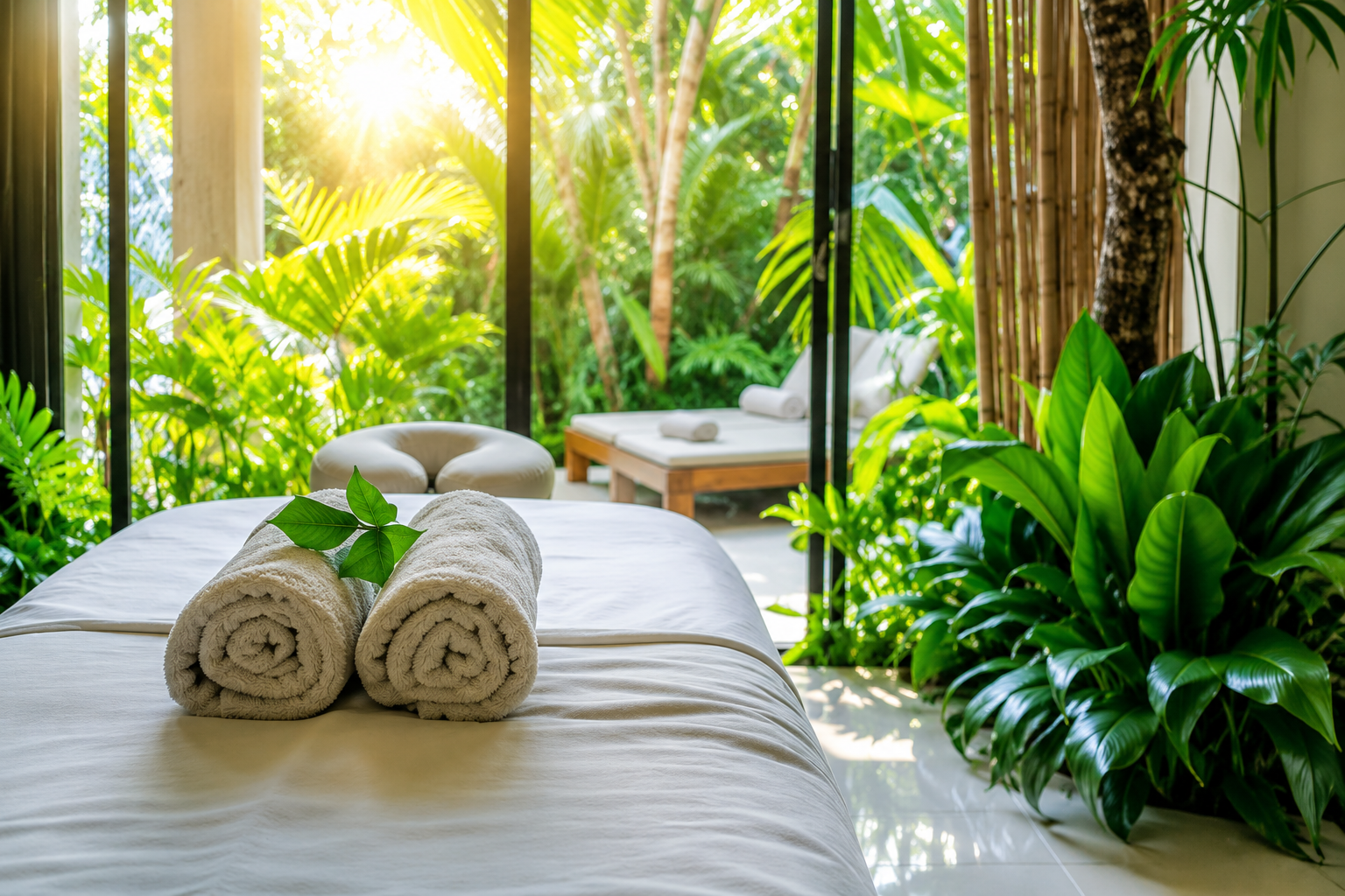Spa massage room with rolled towels, white bed, and lush green plants by sunlit windows