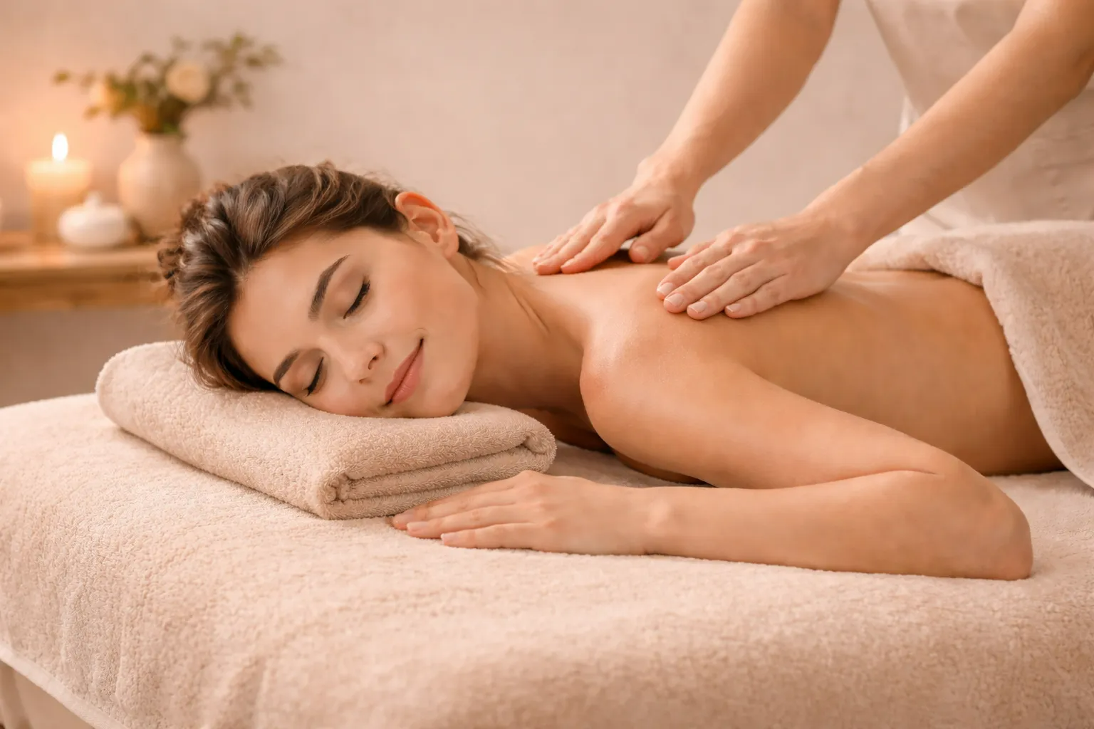 Woman receiving a relaxing back massage on a spa treatment table, with a folded towel under her head. Woman receiving a relaxing back massage on a spa treatment table, with a folded towel under her head.
