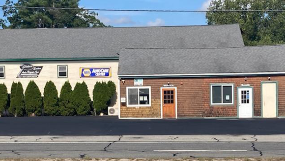 Single-story storefronts with gray and brick facades, white doors, and a row of evergreen shrubs by the road