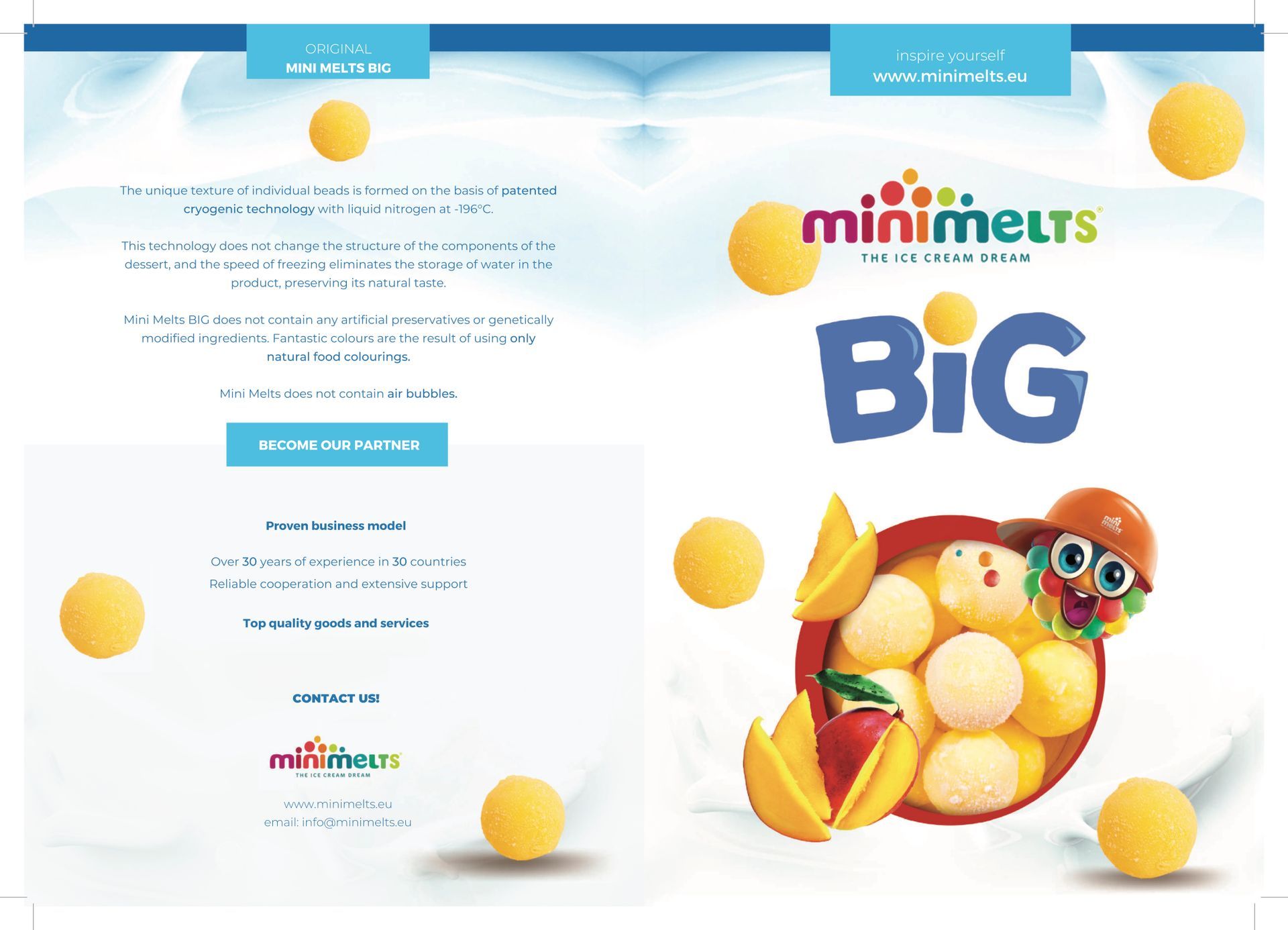 De voor- en achterkant van een brochure voor minimelts groot.