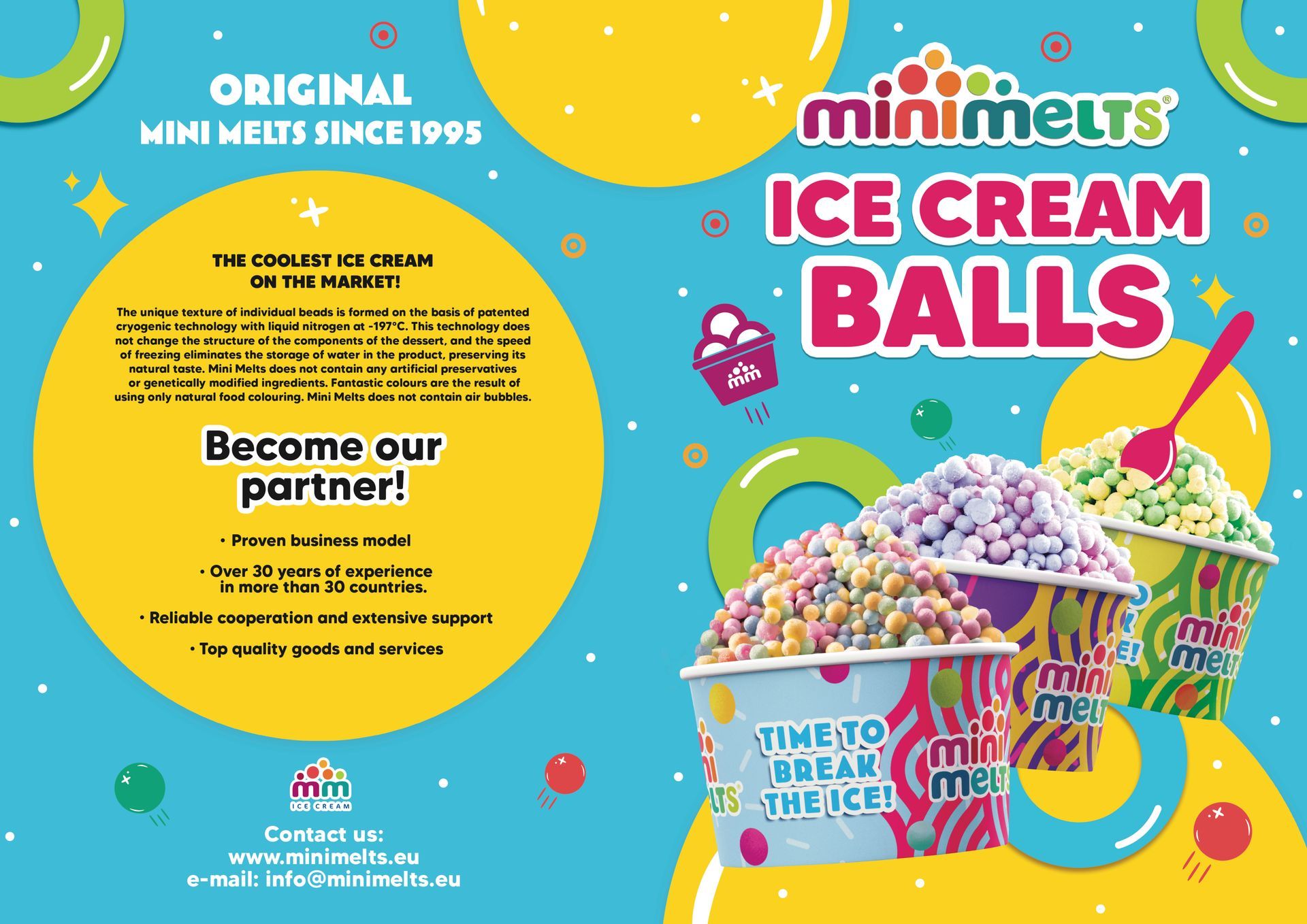 De voor- en achterkant van een brochure voor mini-melts