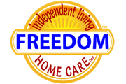 Logo for Freedom Home Care, inc., featuring "FREEDOM" in blue on a yellow background, surrounded by text.