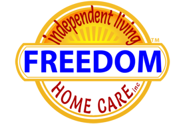 Logo for Freedom Home Care, inc., featuring "FREEDOM" in blue on a yellow background, surrounded by text.