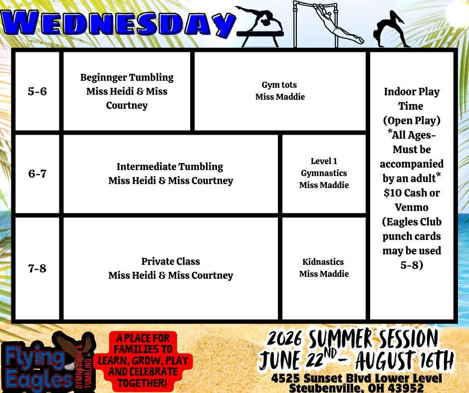 Wednesday swim class schedule poster with 5–8 pm tumbling, gymnastics, and indoor playtime