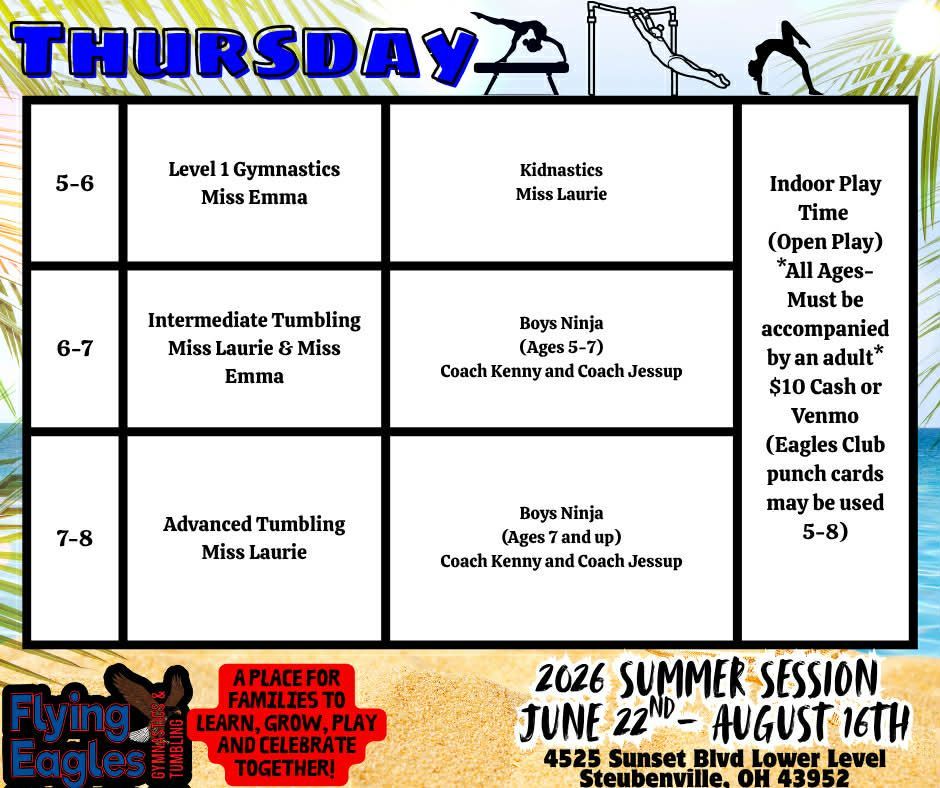Thursday gymnastics class schedule flyer with age groups, time slots, and a 2026 summer session note