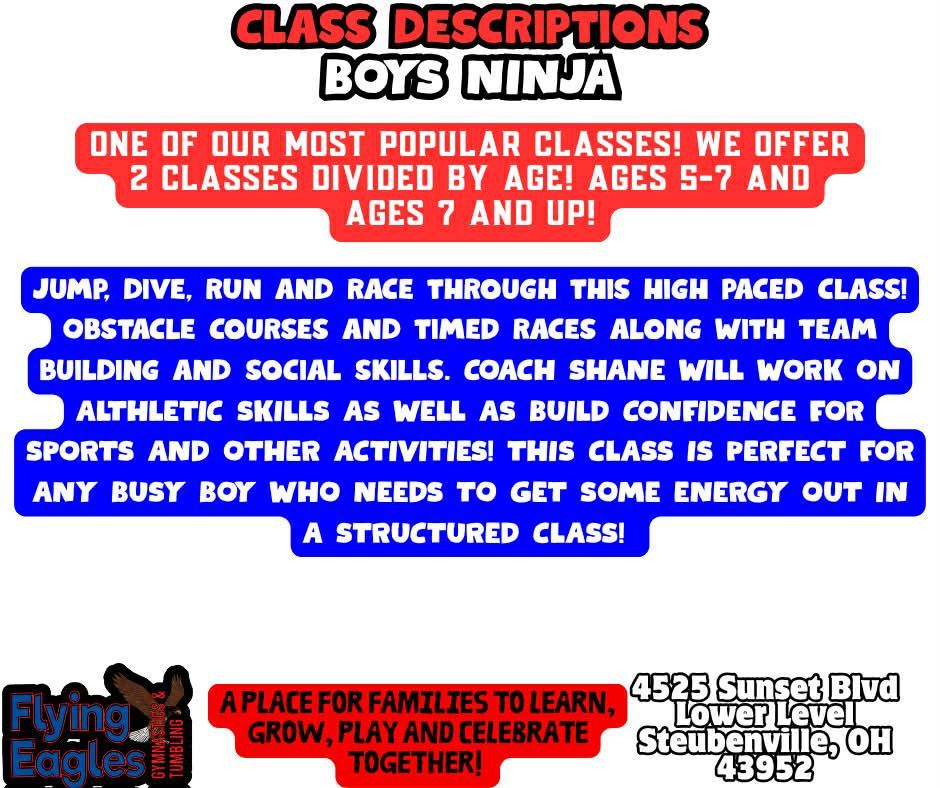 Flyers for boys’ ninja class and gymnastics at Flyeagles in Steubenville, Ohio, with times and age ranges.
