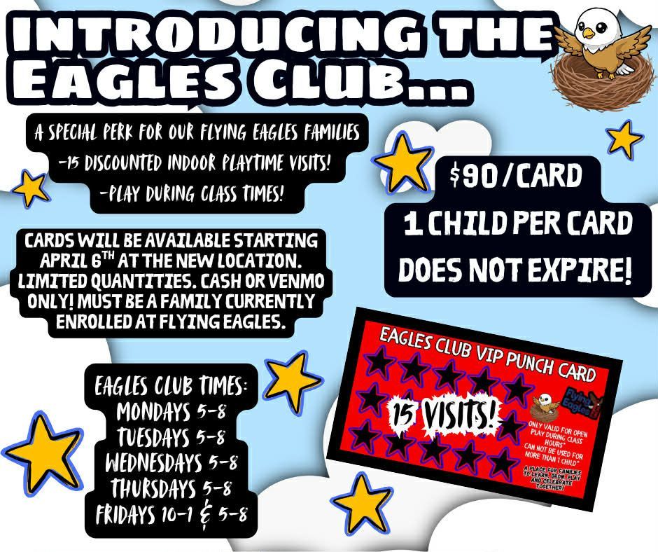 Eagles club event flyer with pricing, hours, and red VIP cards on a blue and white background