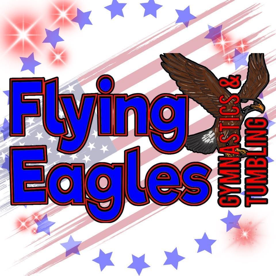 Flying Eagles gymnastics and tumbling logo with blue text, red accents, stars, and an eagle graphic