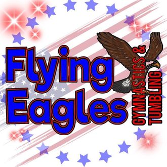 Flying Eagles gymnastics and tumbling logo with blue text, red accents, stars, and an eagle graphic