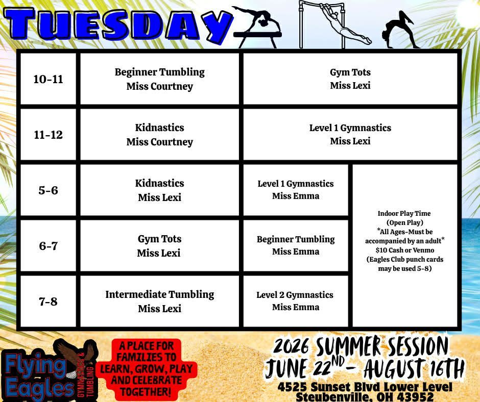 Tuesday summer class schedule poster with times, dance/tumbling classes, and Flying Dance Academy branding