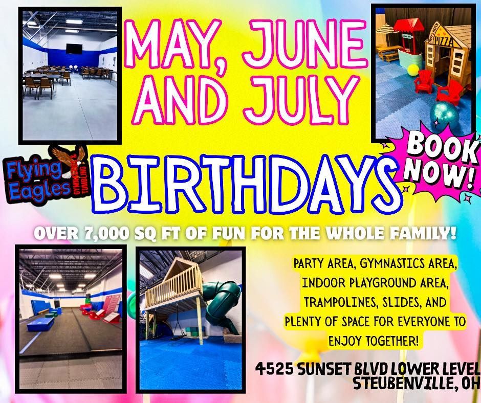 Birthday party flyer for Flying Eagles gym, with trampolines, slides, and play area in blue and pink