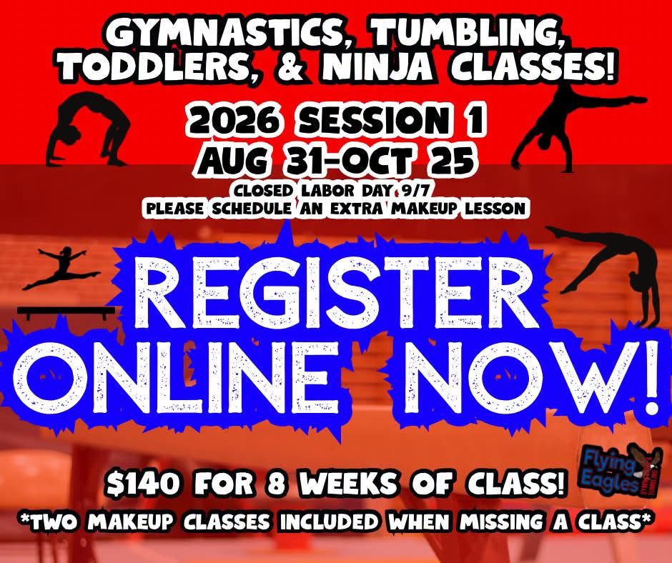 Flying Eagles Gymnastics summer registration flyer with dates, fees, and online or in-person signup details