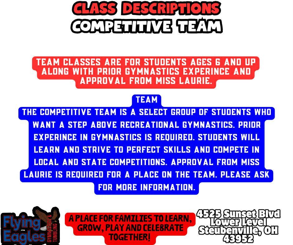 Flyers Eagles gymnastics class descriptions with red and blue text on a white background.