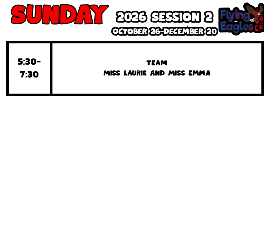Monday gymnastics schedule poster with time slots, class names, and a Summer Session June 22–Aug 15 footer