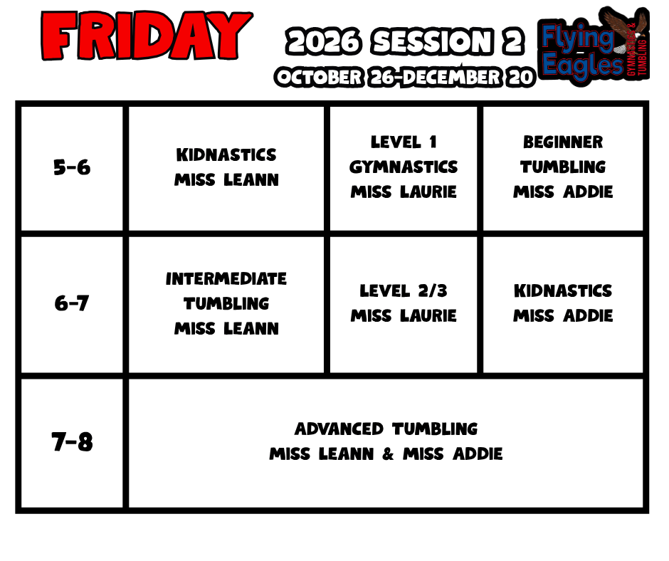 Friday camp schedule flyer with hourly activities, games, tumbling, play time, and August 2025 session details.