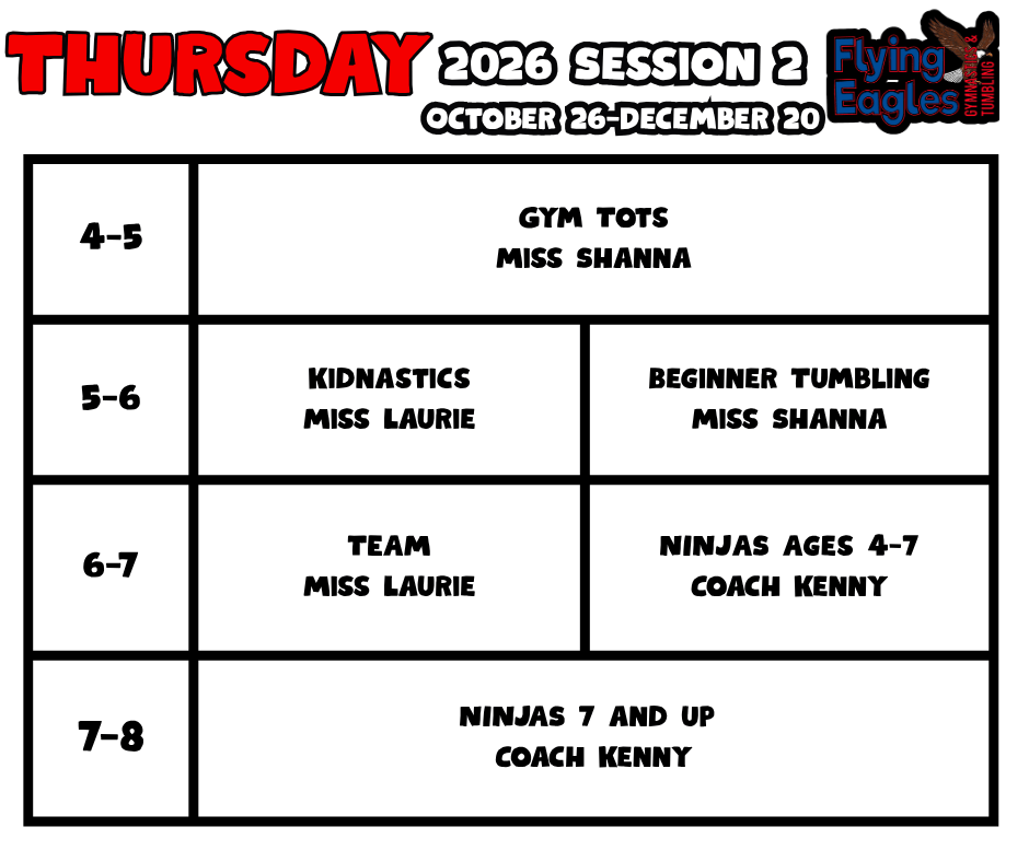 Friday camp schedule flyer with hourly activities, games, tumbling, play time, and August 2025 session details.