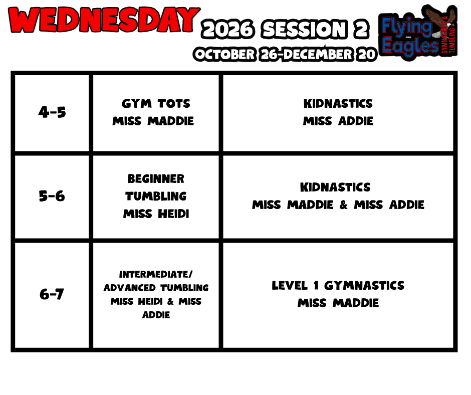 Thursday gymnastics class schedule flyer with age groups, time slots, and a 2026 summer session note
