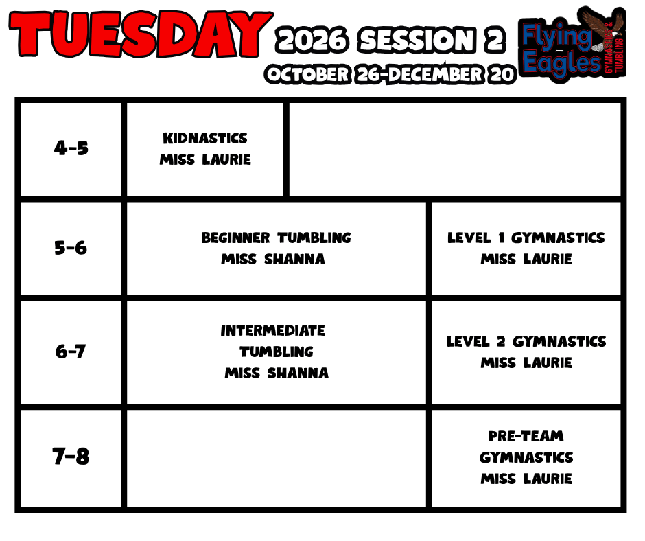 Wednesday swim class schedule poster with 5–8 pm tumbling, gymnastics, and indoor playtime