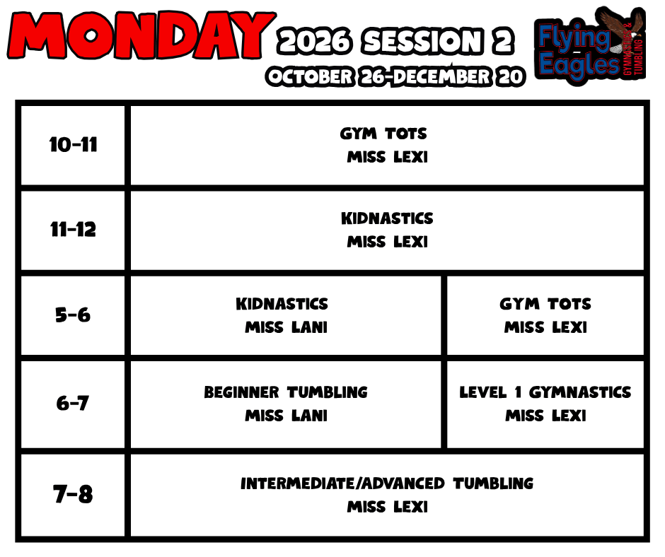 Tuesday summer class schedule poster with times, dance/tumbling classes, and Flying Dance Academy branding
