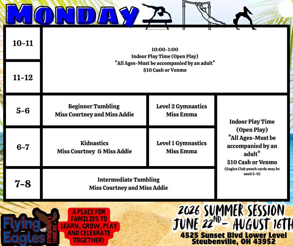 Monday gymnastics schedule poster with time slots, class names, and a Summer Session June 22–Aug 15 footer