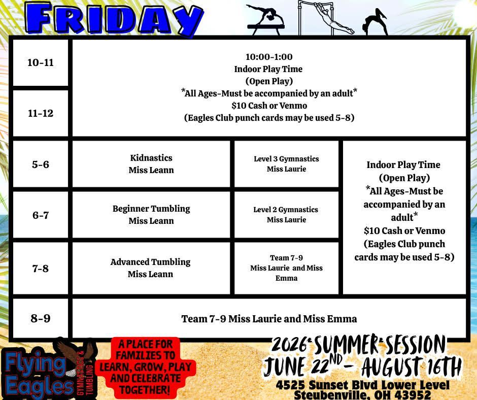 Friday camp schedule flyer with hourly activities, games, tumbling, play time, and August 2025 session details.