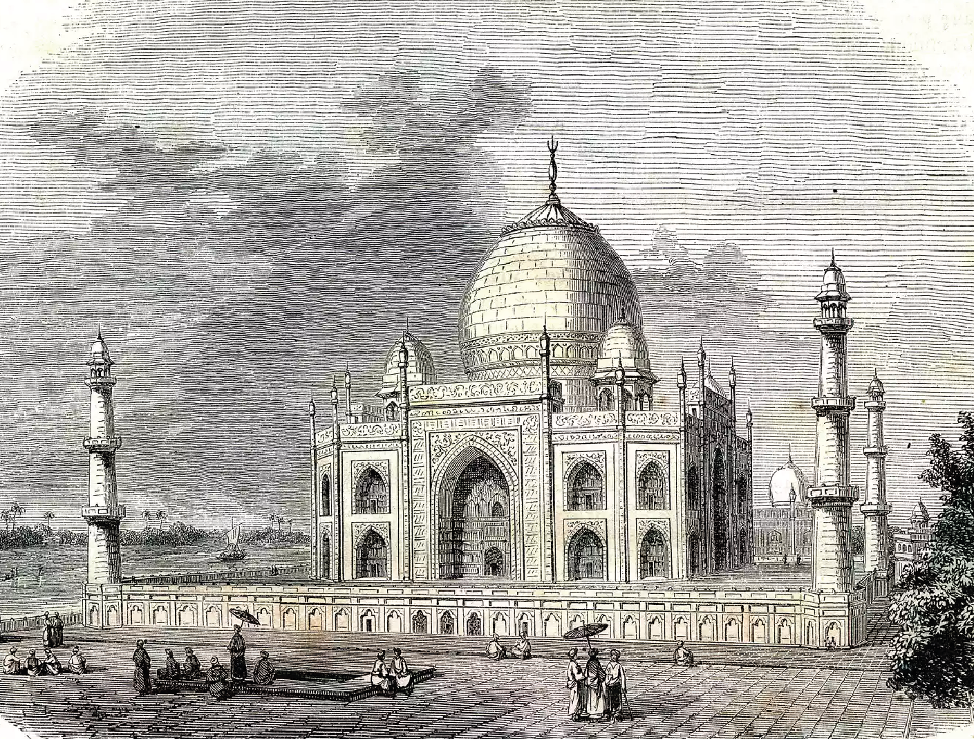 A black and white drawing of the taj mahal in india.