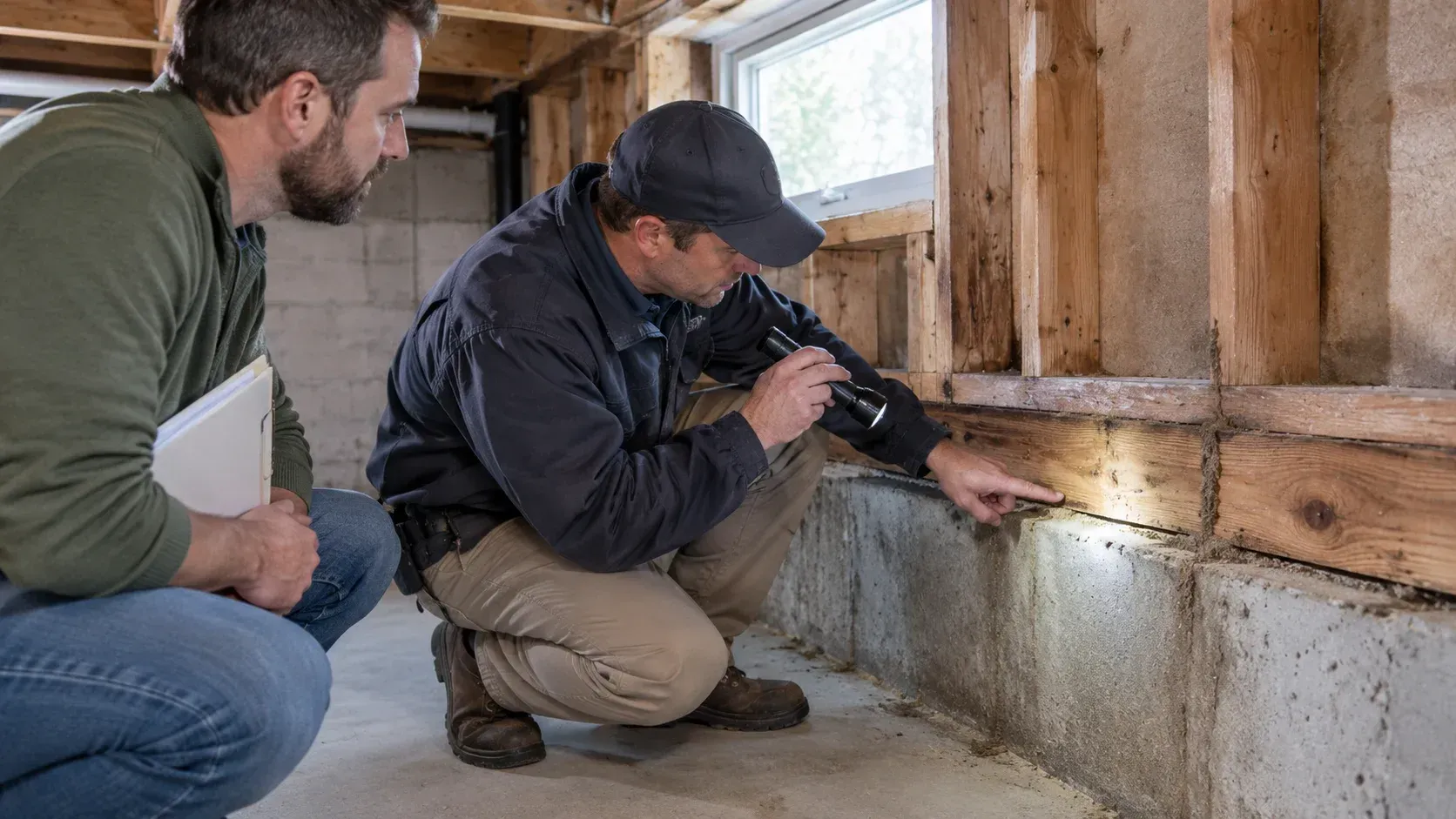 Michigan home inspector examining foundation wood structure for a VA loan termite assessment
