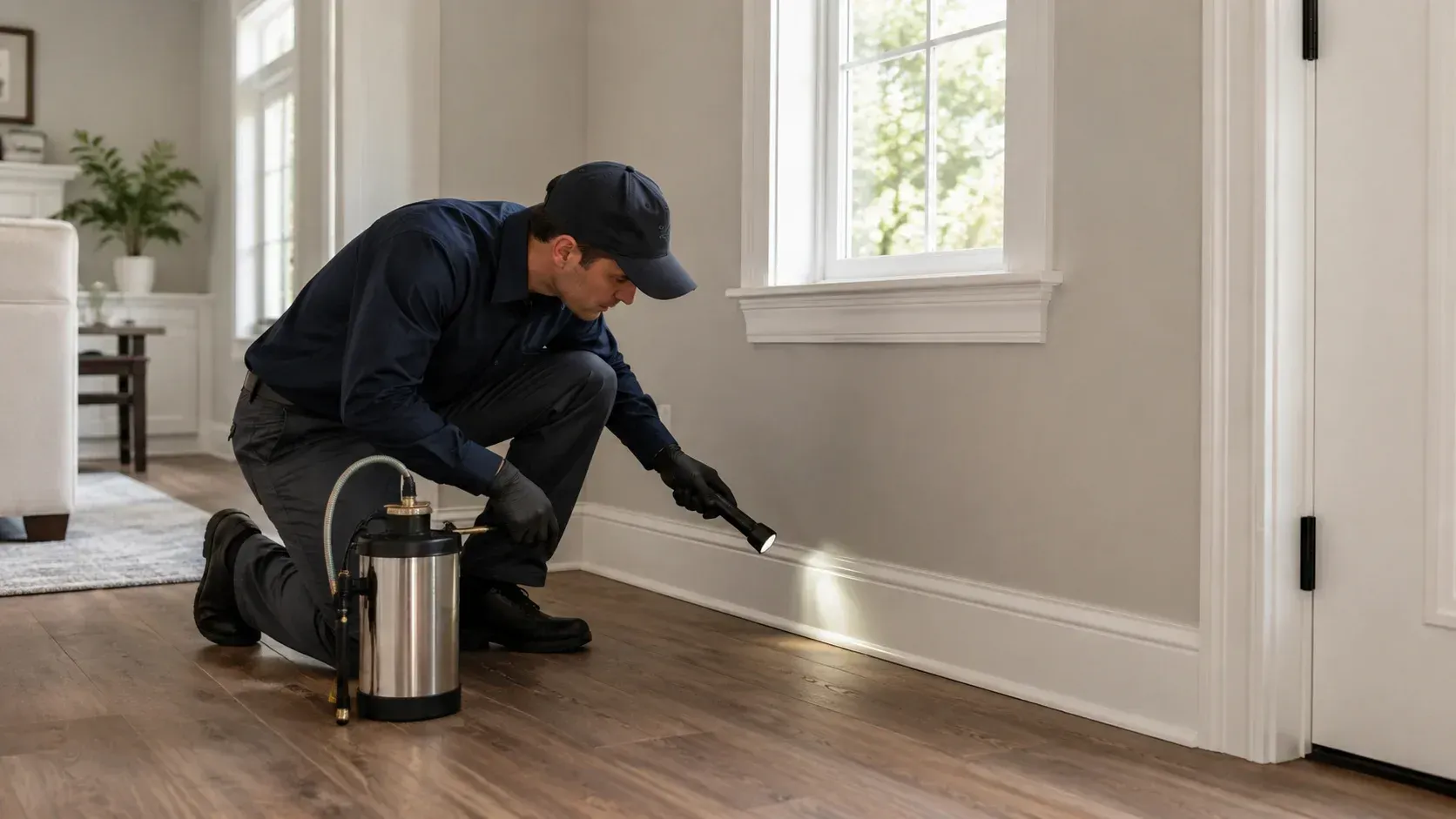 Pest control technician inspecting a home baseboard with a flashlight, illustrated for an article on what pests are most common in Oakland County.